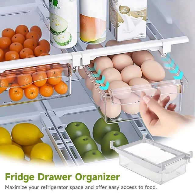 Untior Verstellbarer Kühlschrank-Schubladen-Organizer aus Kunststoff, Transparent, Ausziehbare Aufbewahrungsbox für Obst und Gemüse - Bild 1