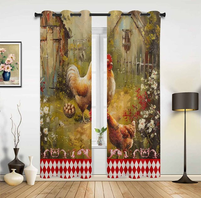 Binchi Outdoor Equipment Retro Country Farm Hen Fenstervorhänge mit Tiermotiv, Mehrfarbig, Breite: 135 cm, Höhe: 60 cm - Bild 1