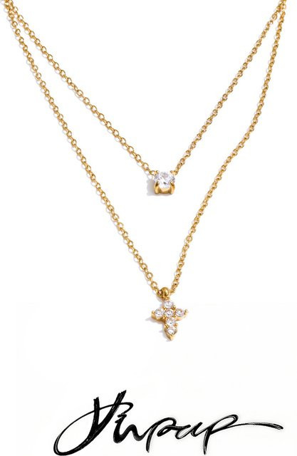 Yhpup Halskette Doppel-Schicht, Zirkonia Kreuz Anhänger, Edelstahl, Gold, Unisex - Bild 1
