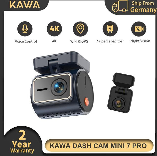 KAWA Dashcam MINI 7 Pro 4K mit transparentem Display, Sprachsteuerung, GPS und WiFi6 für 24/7 Parküberwachung in Schwarz - Bild 1