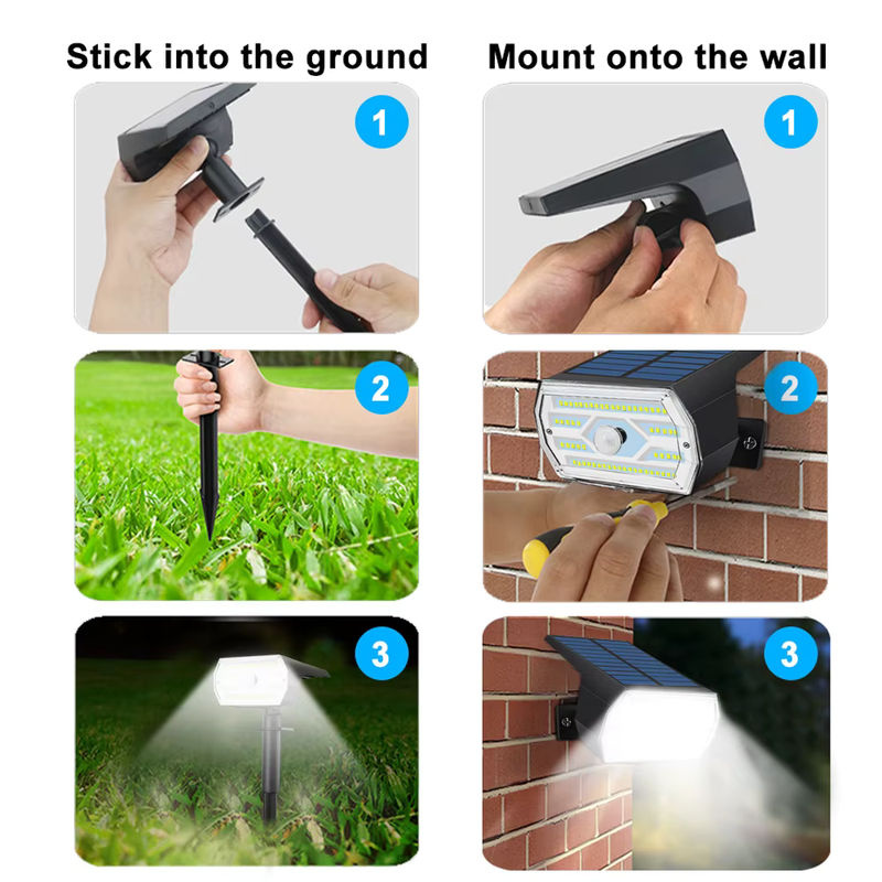Wasserdichte LED-Solar-Gartenleuchten mit 60 SMD-LEDs und Bewegungsmelder, moderne Solar-Flutlichtstrahler für Außenbereich und Hofwand in Schwarz - Bild 5