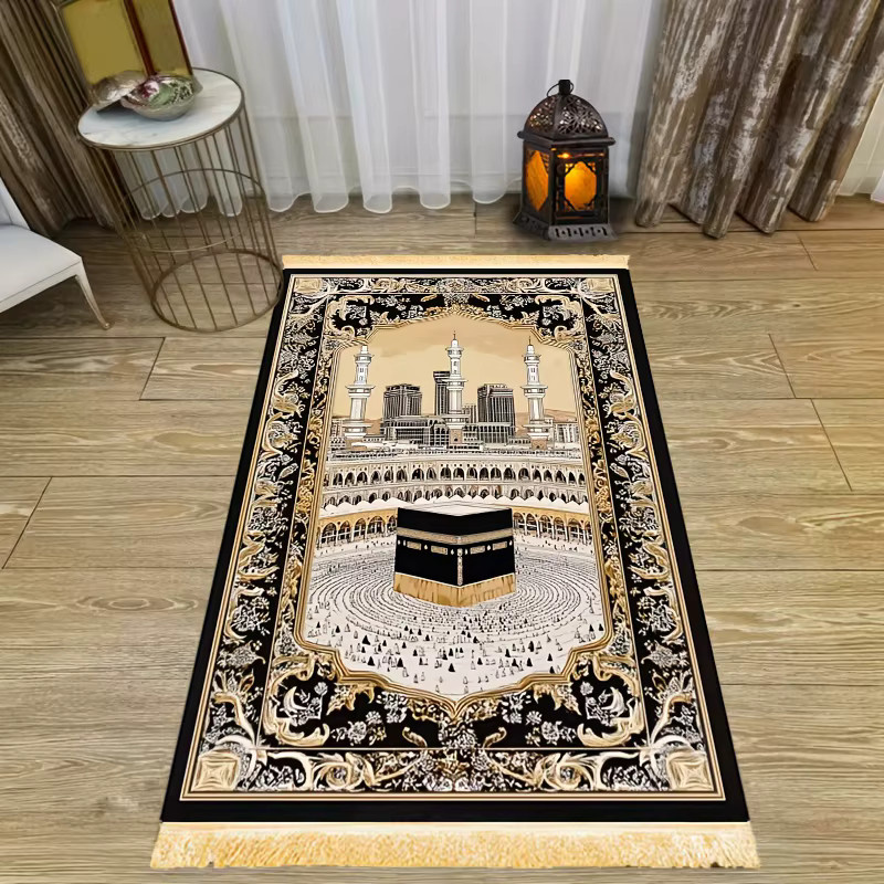 VIKAMA Luxus-Gebetsteppich mit Quasten, rutschfest und faltbar, orientalisch klassisches Design in Schwarz - Bild 3