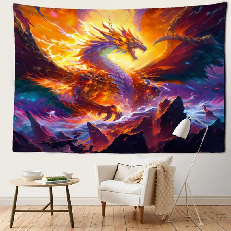 Peak Fire Dragon Wandteppich mit abstraktem Tier-Motiv in mehrfarbig, Bohemian-Stil, B: 230 cm, H: 180 cm - Bild 1