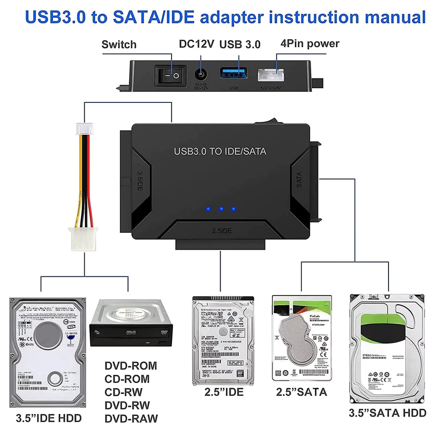 Congdi USB 3.0 zu SATA/IDE Adapter für 2,5 und 3,5 Zoll Festplatten und SSD bis 6 TB, Schwarz - Bild 2