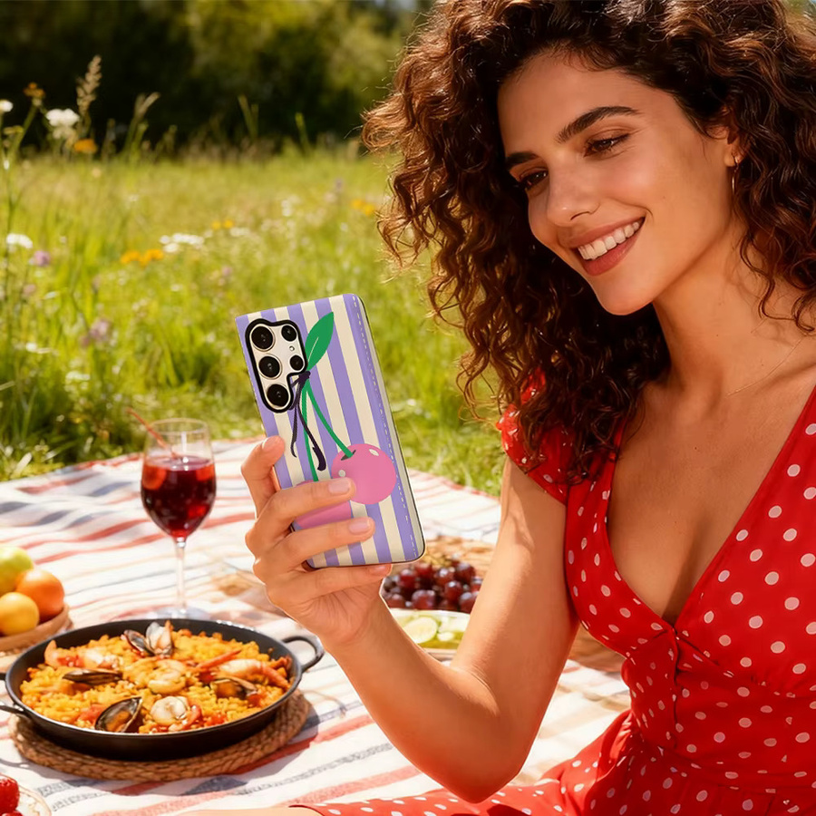 Potdemiel Handyhülle mit rosa Kirschen auf Streifen für Samsung Galaxy S25 Ultra, S24 und S23 Ultra Plus in Pink und Multicolour mit glänzender doppellagiger Rückseite - Bild 5
