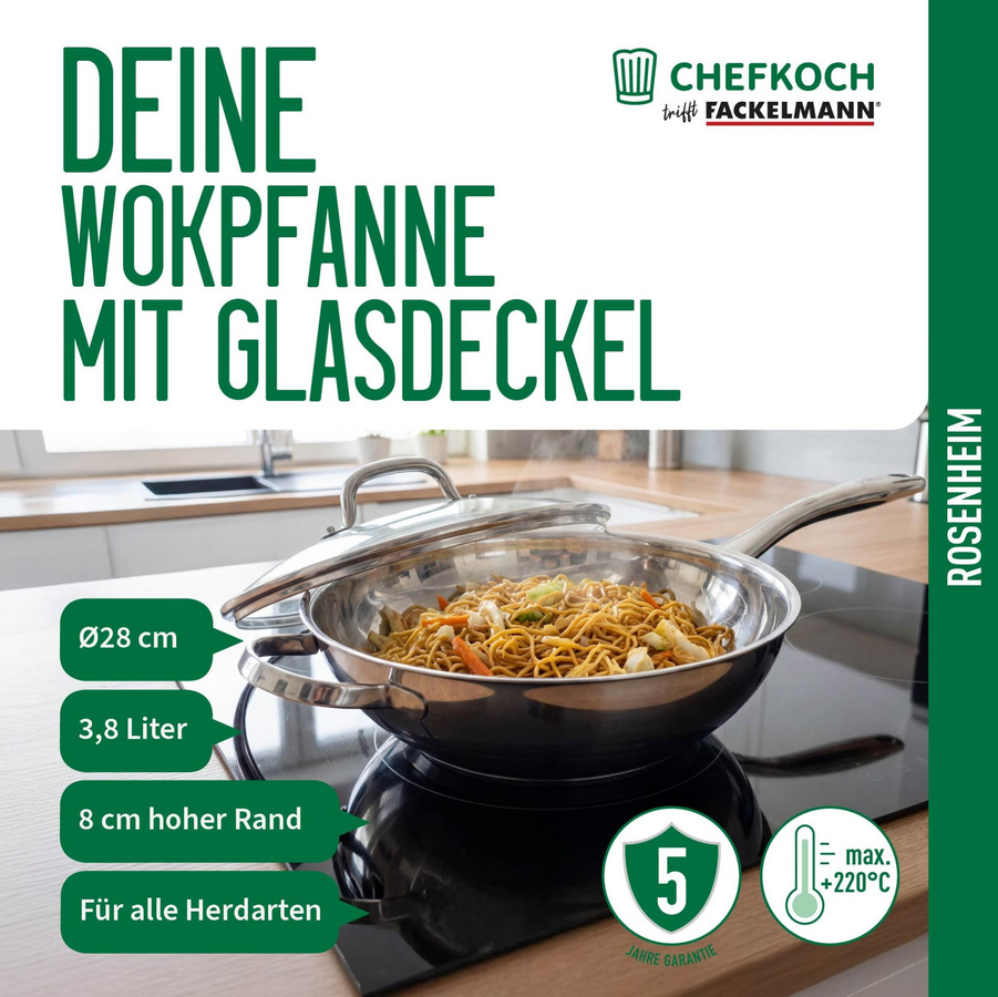 Fackelmann Wokpfanne Rosenheim mit Glasdeckel, Silber, Durchmesser: 28 cm - Bild 3
