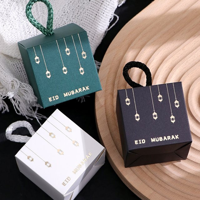 20-teiliges Luxus-Mini-Geschenkbox-Set für Eid in Schwarz, Grün und Weiß mit goldenem Laternen-Design und geflochtenen Griffen aus Papier - Bild 1