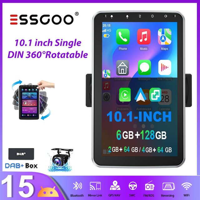 ESSGOO Universal Autoradio mit Android 15, 10.1 Zoll Touchscreen, 64 GB Speicher, 360 Grad drehbar, Wireless CarPlay, Android Auto, GPS, WiFi, Bluetooth und FM, Schwarz - Bild 1