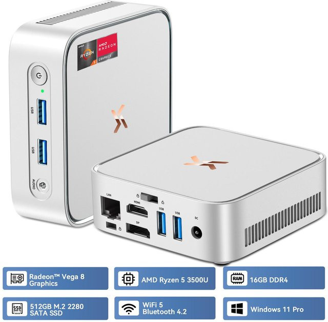 HUIDUN H80 3500U Mini-PC mit AMD Ryzen 5, 16 GB RAM, 512 GB SSD, AMD Radeon RX Vega 8, Windows 11 Pro und QWERTY-Tastatur, Silber - Bild 1