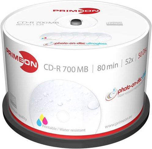 Primeon CD-R 80 Rohlinge 700 MB in Weiß, 50 Stück Spindel, bedruckbar mit Hochglanz Oberfläche, wasserfest und wischfest - Bild 1
