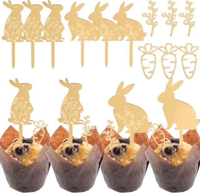 ZQCXLD Ostern Kuchen Topper Set aus Gold Acryl mit niedlichen Häschen und Karotten für deine Frühlings- und Osternparty-Dekoration - Bild 1