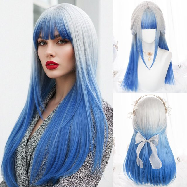 VICWIG Perücke, blau, lang, gerade, mit Pony, synthetisch, Damen - Bild 1