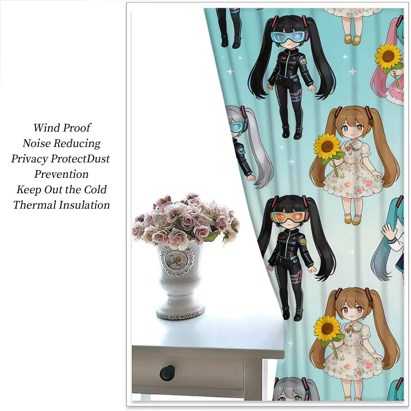 2er-Set Hatsune Miku Chibi Verdunkelungsvorhänge mit Multi-Outfit Motiv in Mehrfarbig für Kinderzimmer und Teenager - Bild 2