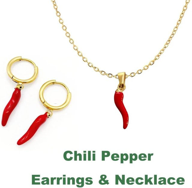 Halskette Rote Chilischote Füllhorn, Kupferlegierung, Gold, Unisex - Bild 1
