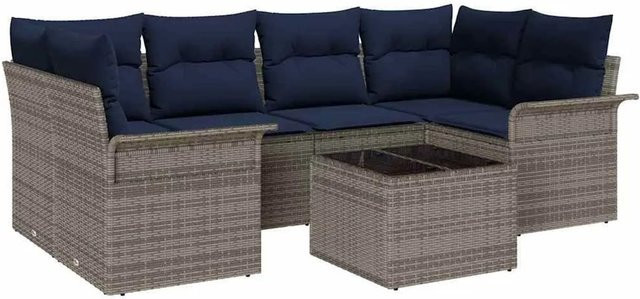 vidaXL Gartensofa-Set aus Poly-Rattan in Grau und Blau mit 7-teiligem Polster-Set und Tisch - Bild 1