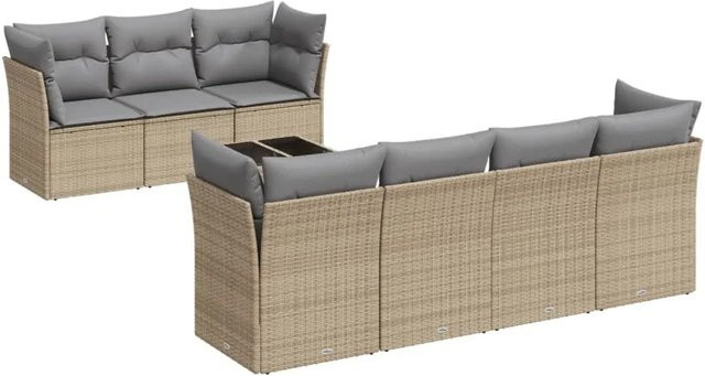 vidaXL 8-teilige Garten-Sofagarnitur in L-Form aus Poly-Rattan mit Kissen in Beige-Grau - Bild 1