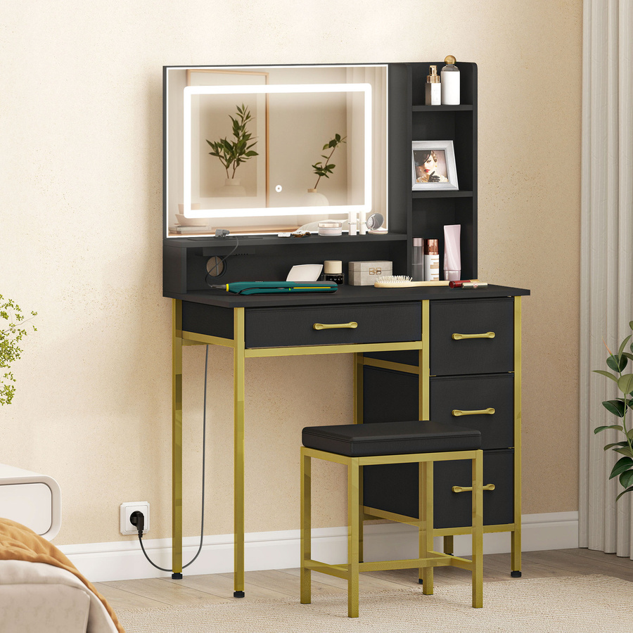 HOMCOM Schminktisch mit Spiegel, LED-Licht in 3 Lichtfarben, Ladestation und Hocker in Schwarz mit Gold, inklusive 4 Stoffschubladen und Ablagen für dein Schlafzimmer - Bild 2