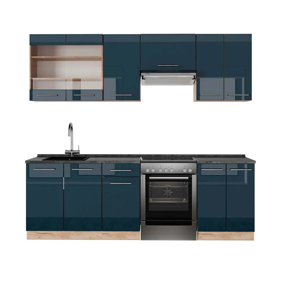 Vicco Küchenzeile Fame-Line Eiche Dunkelblau Hochglanz mit Arbeitsplatte Anthrazit Breite: 240 cm - Bild 3