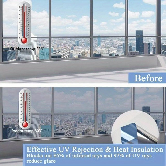 BUNPIG Sichtschutzfolie für Fenster, spiegelreflektierend und solar, statisch haftend, abnehmbar, Farbe: Silber/Blau - Bild 1