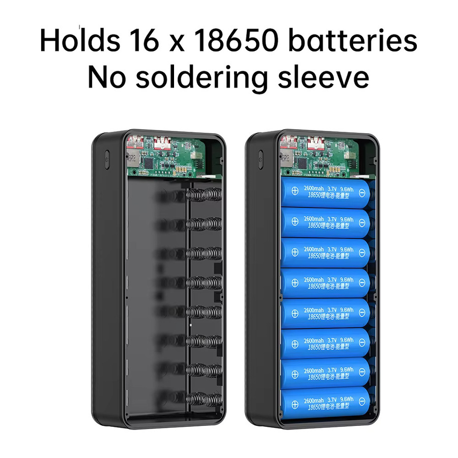 occkic Tragbares Powerbank-Gehäuse für 16x18650 Akkus mit 22,5W Schnellladung, 15W kabellosem Laden und Campinglicht in Schwarz - Bild 2