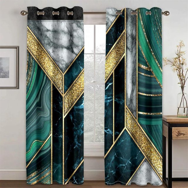A Family Of Home Textiles Vorhang Set mit abstraktem Marmor-Design in Schwarz und Gold, semi-transparent, 2er-Pack, B: 50 cm, H: 130 cm - Bild 1