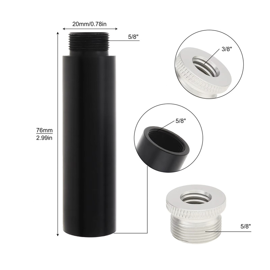 DigiYes Mikrofon-Verlängerungsrohr aus Aluminiumlegierung für Schreibtisch- und Armständer, 2 Stück, Schwarz, 5/8 Zoll - Bild 2