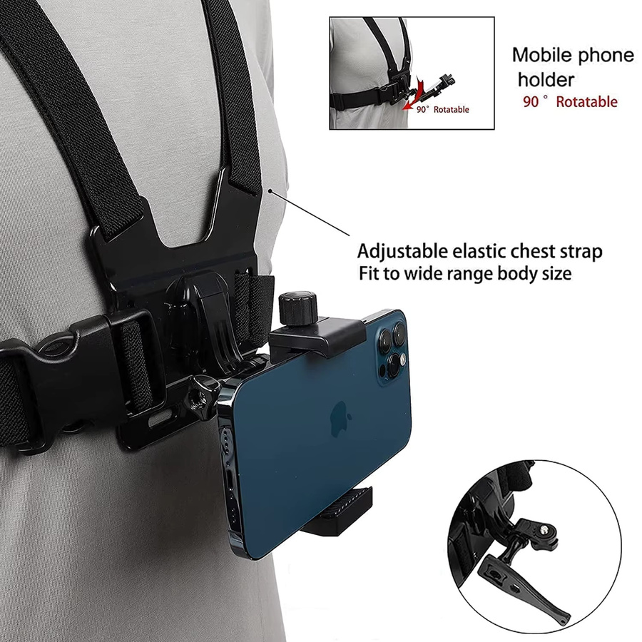 VeFly Brustgurt-Halterung für Mobiltelefone und Action-Kameras wie GoPro Hero 12, 11, 10, 9 sowie DJI Action in Schwarz für POV-Aufnahmen - Bild 3