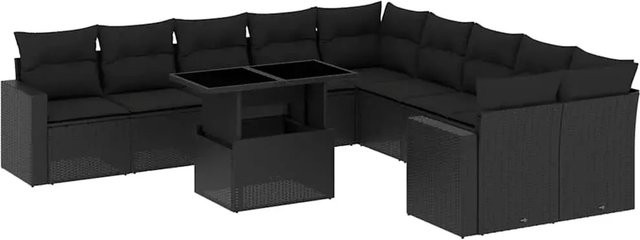 vidaXL 11-teilige Garten-Sofagarnitur in L-Form aus schwarzem Poly-Rattan mit Kissen und pulverbeschichtetem Stahlgestell - Bild 1