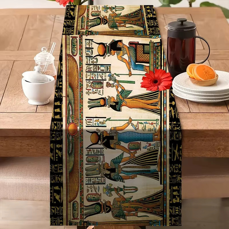 VIKAMA Leinen-Tischläufer mit altägyptischem Retro-Druck in Multicolour, Länge: 150 cm - Bild 4