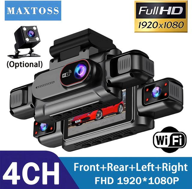 Maxtoss 4-Kanal Auto-DVR Dashcam mit 360 Grad Rundum-Überwachung, Full HD 1080P, WLAN und Videoaufzeichnung, Schwarz - Bild 1
