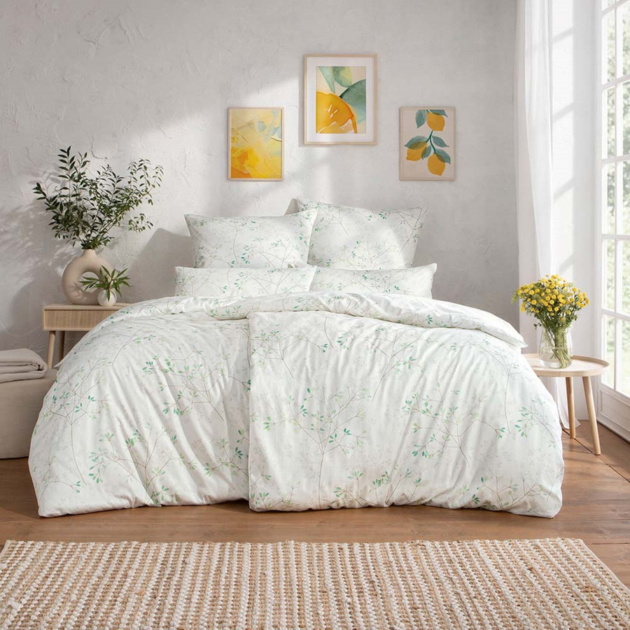 Estella Mako-Satin Bettwäsche Svenja mit floralem Blätter-Design in Grün und Creme, bestehend aus Bettbezug und Kissenbezug, Baumwolle - Bild 1
