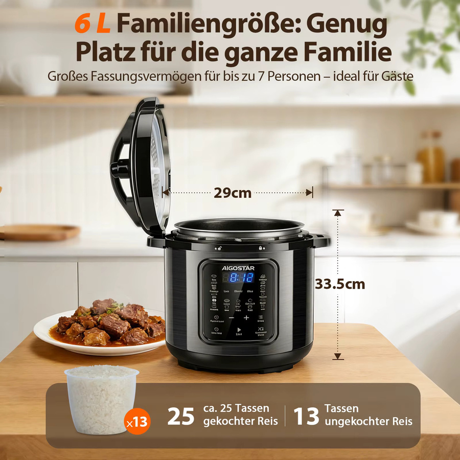 Aigostar Elektrischer Schnellkochtopf 18-in-1 Multikocher mit 6L Volumen, 1000W, Schwarz/Edelstahl - Bild 5