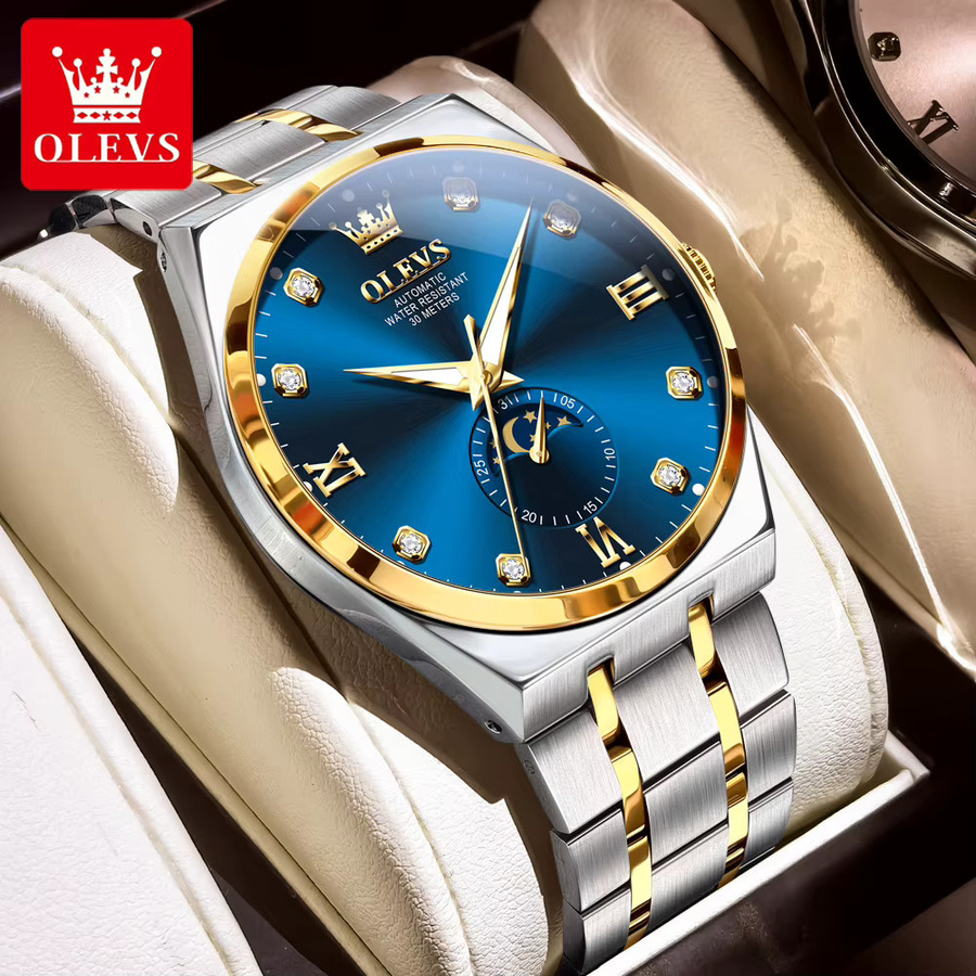 OLEVS Armbanduhr, Automatik, Mondphase, Edelstahl, Blau, Herren - Bild 4