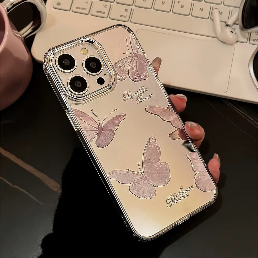 Potdemiel Handyhülle mit Schmetterlings-Design und Spiegel für iPhone 16 15 14 13 12 11 Pro Max, Rosa mit Armband und stoßfester Hartschale - Bild 5