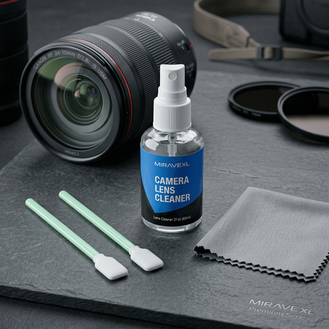 MIRAVEXL Kameraobjektiv-Reinigungsset mit Mikrofasertuch, Sensor-Reinigungstupfer und Doppelsprühflasche für DSLR, Brillen, VR-Bildschirme und Optiken, Mehrfarbig - Bild 1