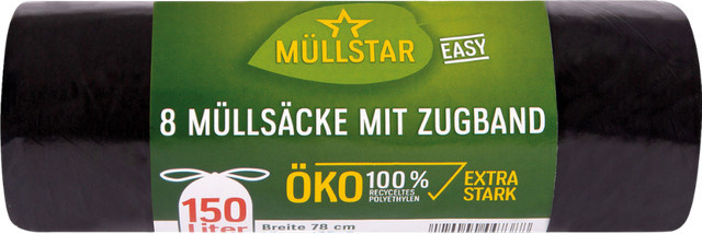 müllstar easy Öko-Müllsäcke 150 Liter mit Zugband, extra stark, schwarz/blickdicht, B: 78 cm, H: 105+5 cm, 30 Stück aus 100 % recyceltem Polyethylen - Bild 1