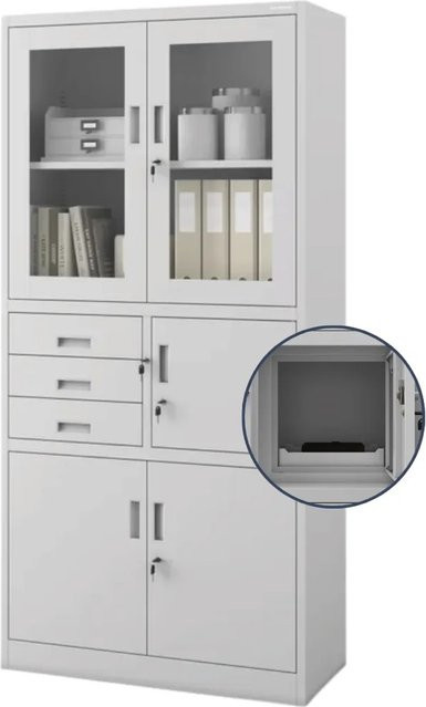 DELUKE Vitrinenschrank Grau mit Glastüren und abschließbaren Schubladen H: 185 cm, B: 90 cm, T: 40 cm - Bild 1