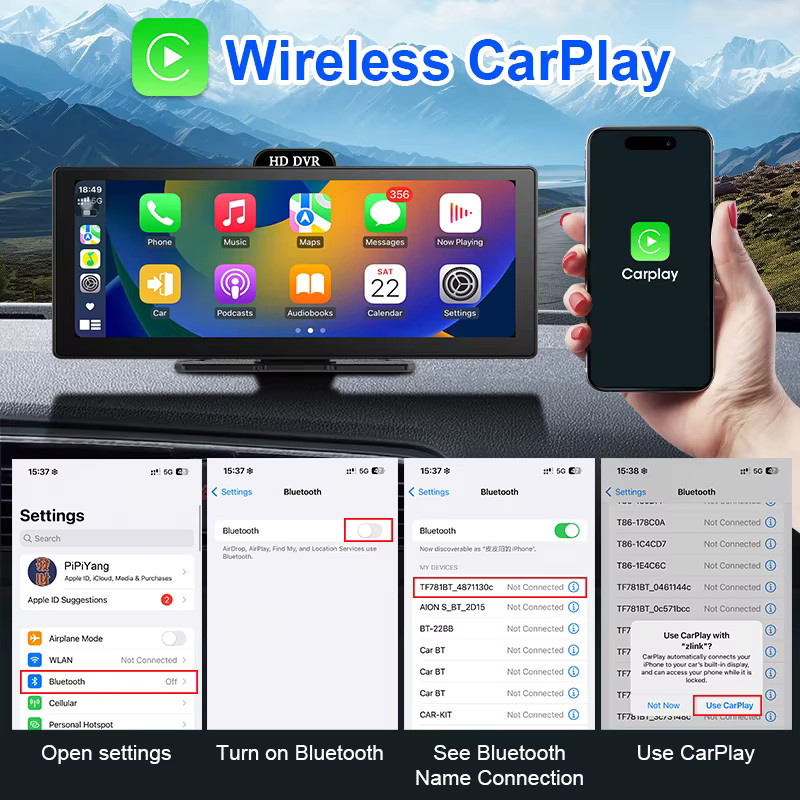 Develuck 4K Auto DVR Multimedia Player mit 11,26 Zoll IPS Touchscreen, Wireless CarPlay und Android Auto, Bluetooth, FM und AUX, Schwarz - Bild 4