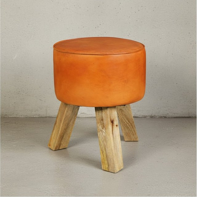 KADIMA DESIGN Sitzhocker im Country-Stil aus braunem Ziegenleder und Holzgestell, Höhe: 45 cm, Breite: 37 cm, Tiefe: 37 cm - Bild 1
