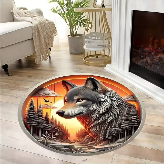 Runder Noble Wolf King Teppich mit Tiermotiv in Multicolour, rutschfest und pflegeleicht - Bild 1