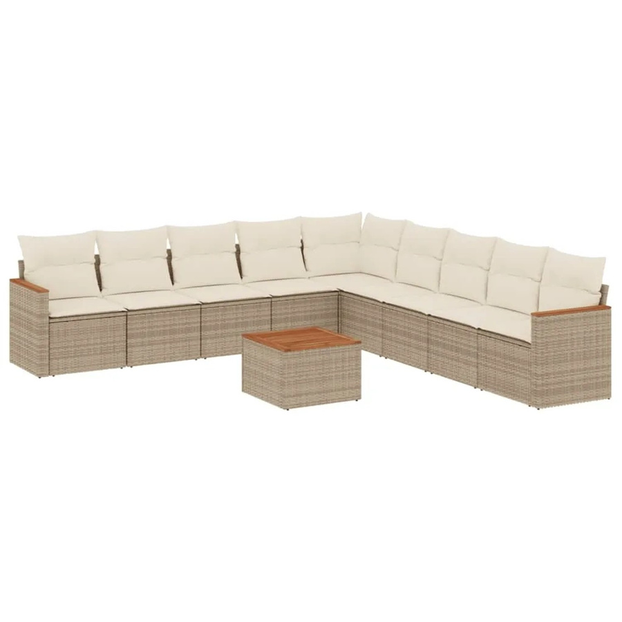 vidaXL 10-teilige Garten-Sofagarnitur in L-Form aus Poly-Rattan und Akazienholz mit Kissen in Beige und Cremeweiß - Bild 2