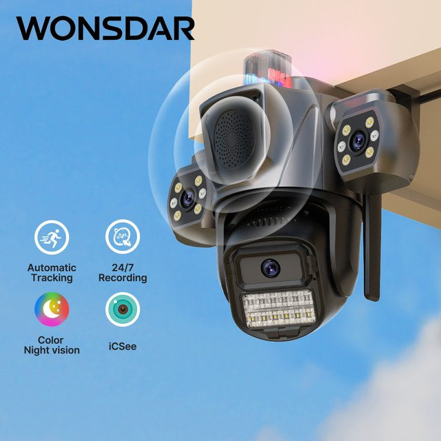 WONSDAR WLAN-IP-Kamera für den Außenbereich mit drei Objektiven, KI-Personenerkennung, automatischer Verfolgung und PTZ, HD-Videoüberwachung via iCSee - Bild 1