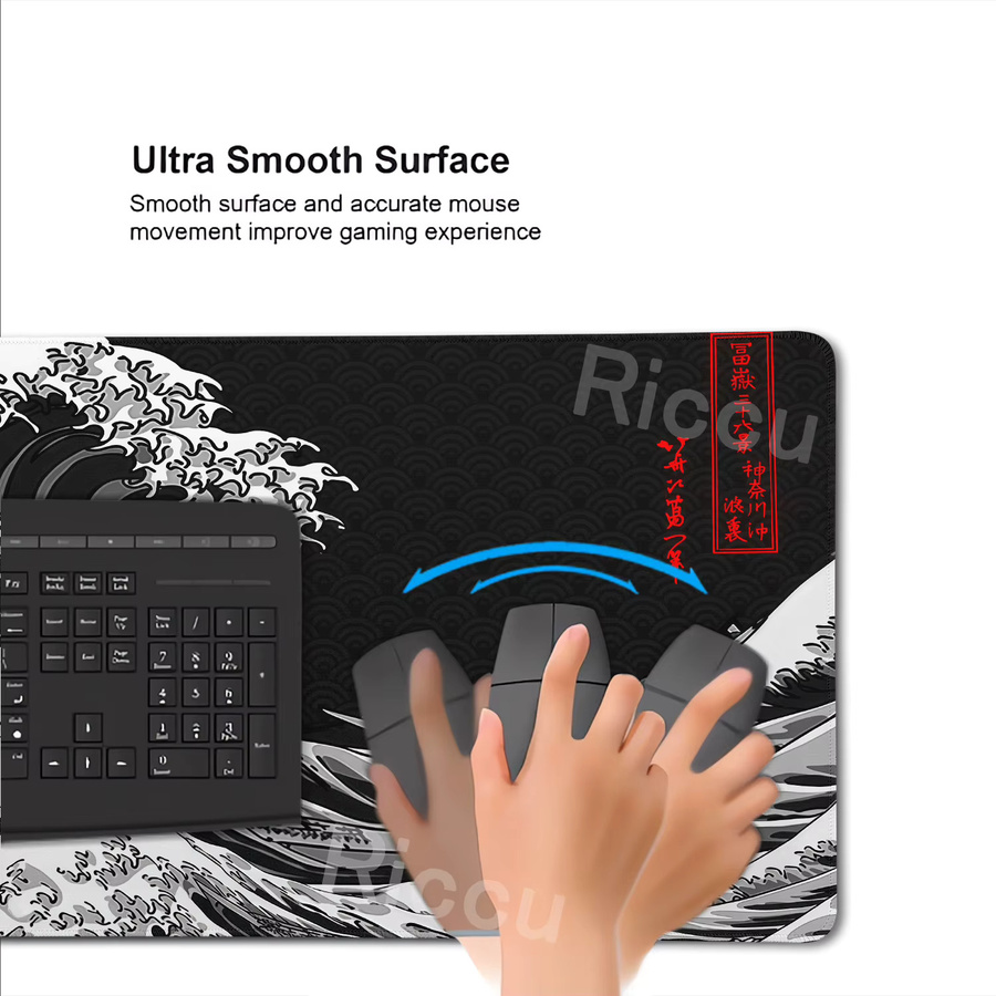 Riccu Mauspad Great Wave Kanagawa Design in Schwarz als Schreibtischunterlage und Tastaturmatte - Bild 2