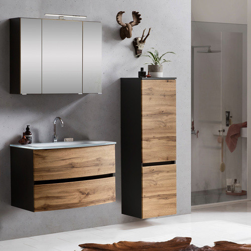 HELD MÖBEL Waschtisch-Set KOPENHAGEN, 5-teilig, modern, braun und grau, Wandmontage mit LED-Beleuchtung und Soft-Close-Türen - Bild 2