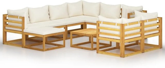 vidaXL 10-tlg. Garten-Lounge-Set aus massivem Akazienholz in L-Form mit cremefarbenen Auflagen - Bild 1