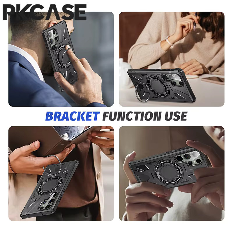 PKCASE stoßfeste Ring-Stand-Hülle mit magnetischer kabelloser Lade-Halterung für Samsung Galaxy S25, S24 Ultra und S23 FE Plus in Schwarz und Grün - Bild 6