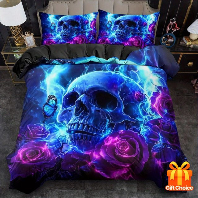 3-teiliges Bettwäsche-Set Fantasy Blau mit 3D Schädel-Print, Mikrofaser, B/H: 172 x 218 cm - Bild 1