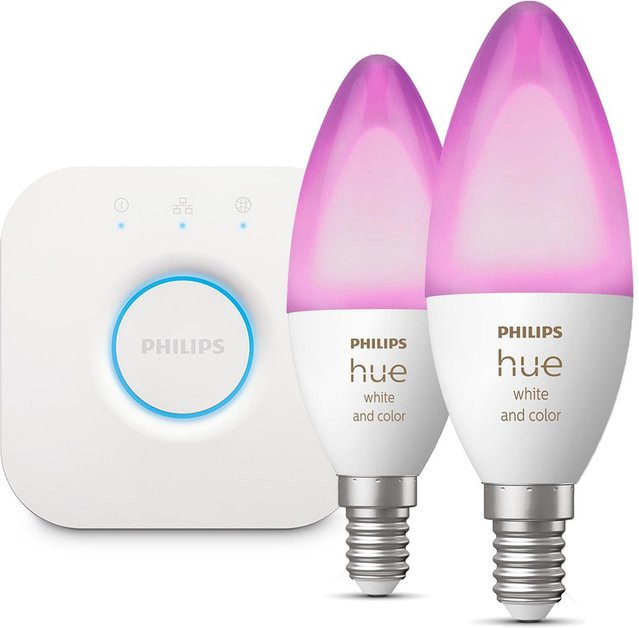 Philips Hue White & Color Ambiance E14 Smart LED Lampe Kerzenform Doppelpack mit Hue Bridge, Multicolour, RGBW - Bild 1