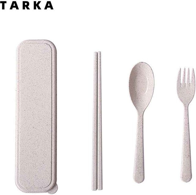 TARKA Camping Besteck Set aus Weizenstroh in Pink mit Aufbewahrungsbox, tragbares Reisebesteck bestehend aus Löffel, Gabel und Stäbchen - Bild 1