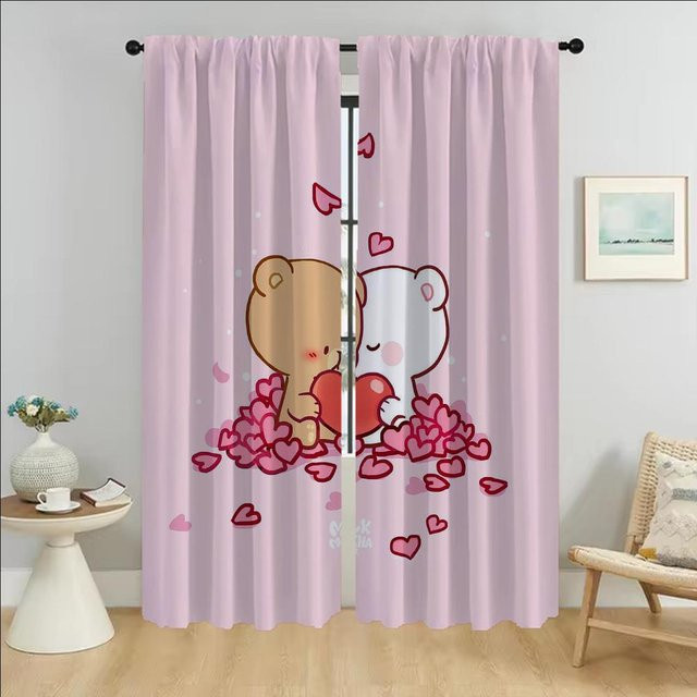 2-teiliges Wohnzimmervorhang-Set mit Kawaii-Bär Motiv in Pink, semi-transparent für deine Halloween-Dekoration, Breite: 50 cm, Höhe: 70 cm - Bild 1